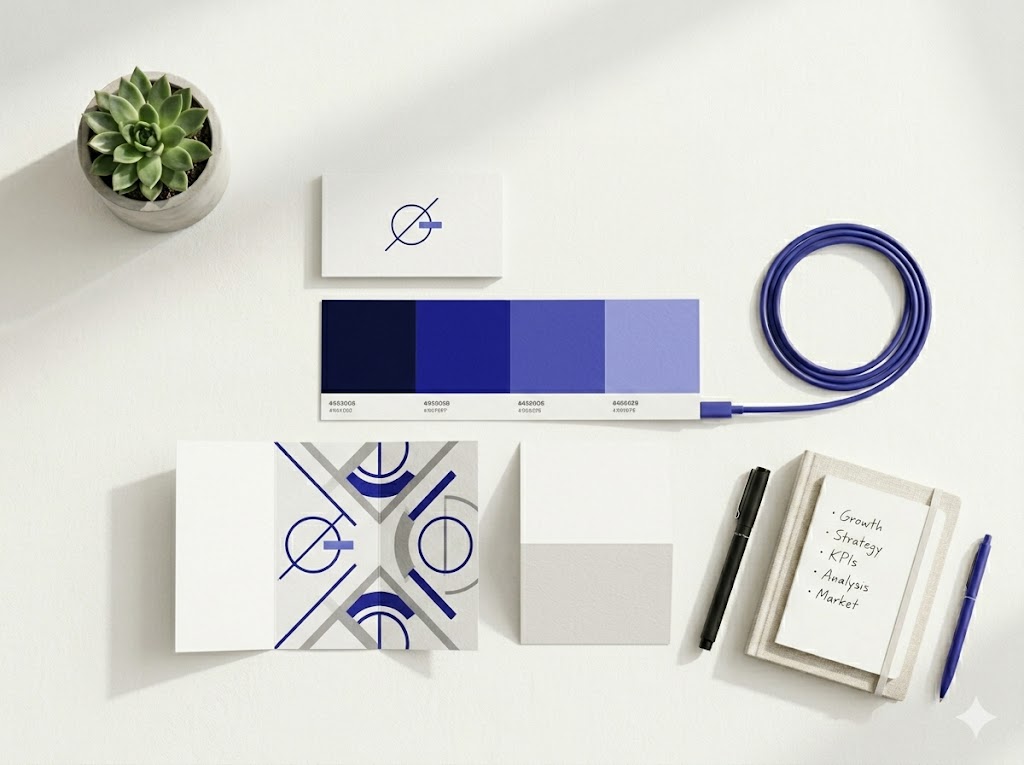 Branding and identity — flat-lay of business card, color swatches, and brand collateral