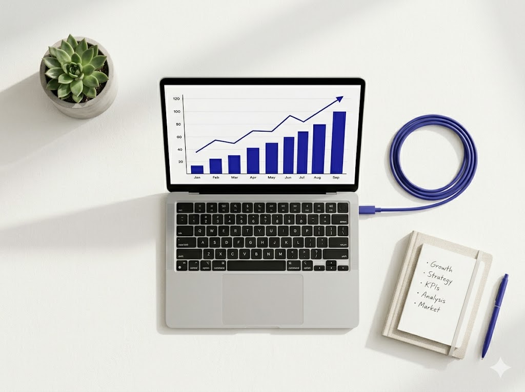 SEO and growth — laptop showing an upward-trending bar chart with workspace notes