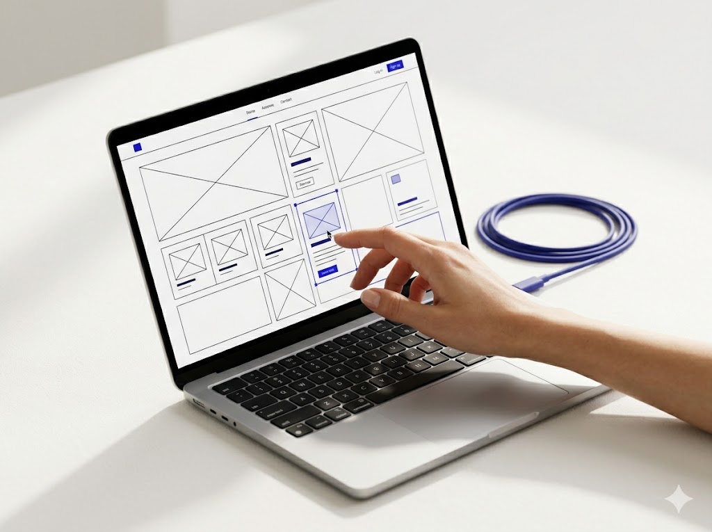 Web design and development — laptop showing a website wireframe